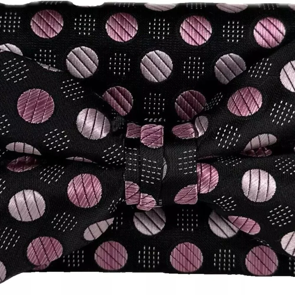 Stacy Adams Men's Bow Tie Hanky Black Pink Polka Dot Microfiber Handmade 2.5